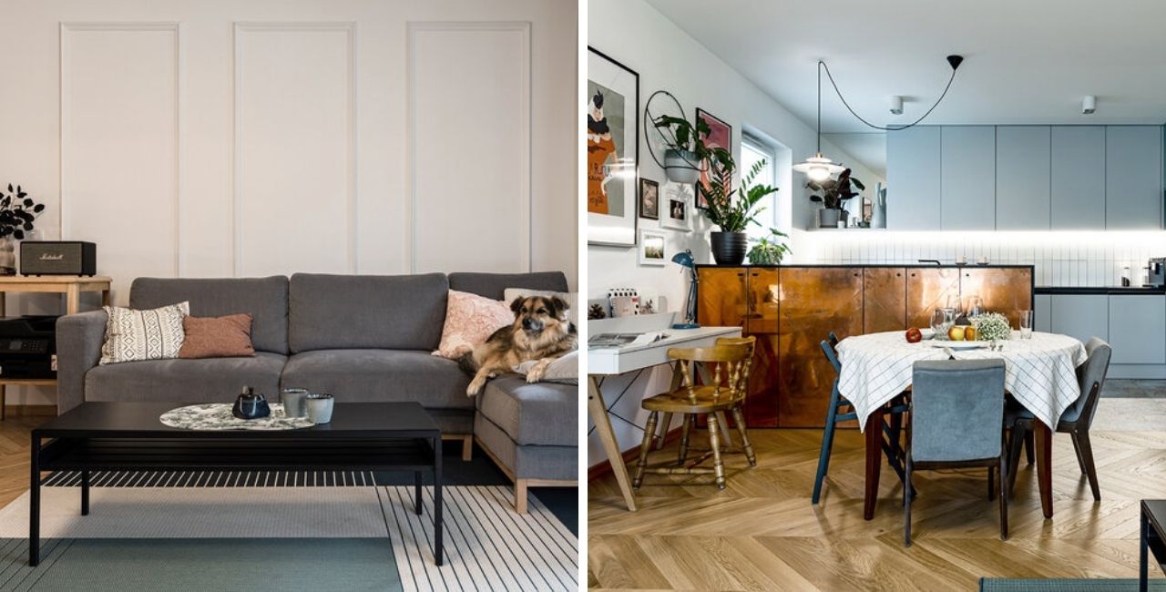 salon z aneksem kuchennym w eklektycznym stylu inspiracje