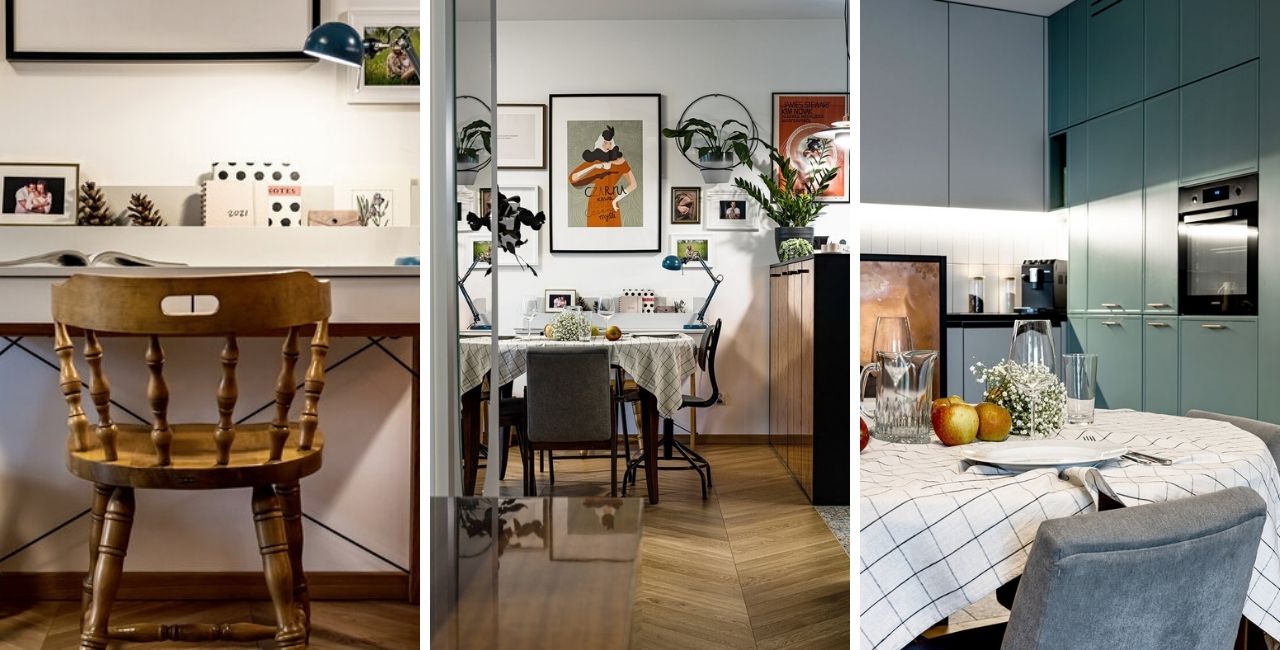 Salon z kuchnią w eklektycznym stylu