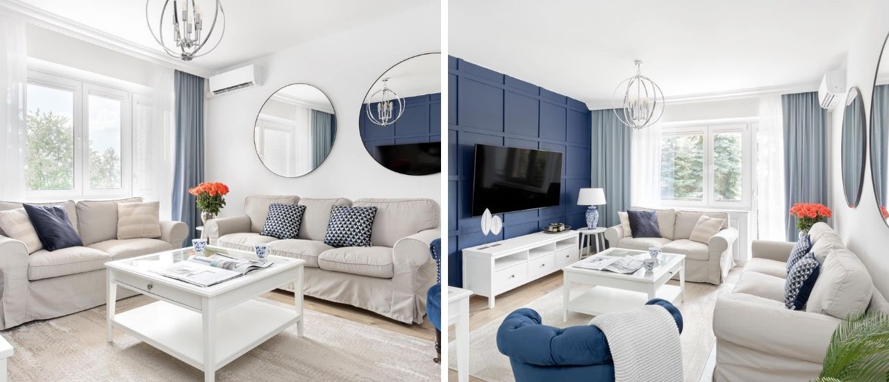 salon w stylu hampton z niebieską ścianą